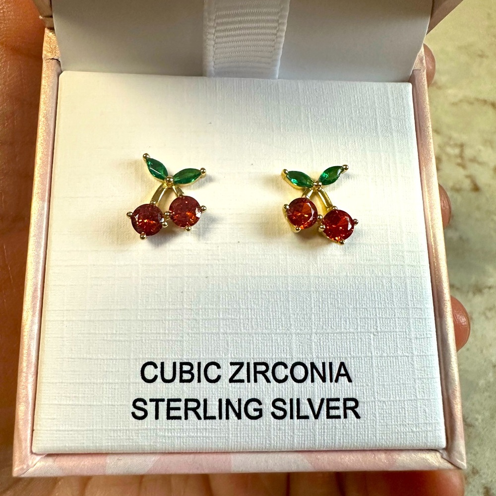 NWT Charlotte & Lexi Sterling Gold Cubic Zirconia Cherry 🍒 Earrings